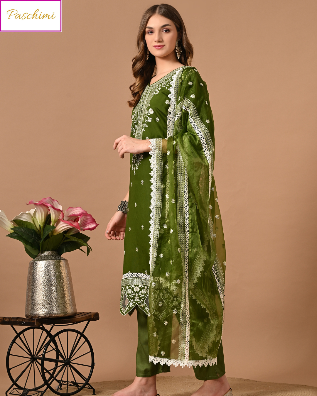 Mehndi Green Paschimi’s Pure Muslin Kurta Suit Set