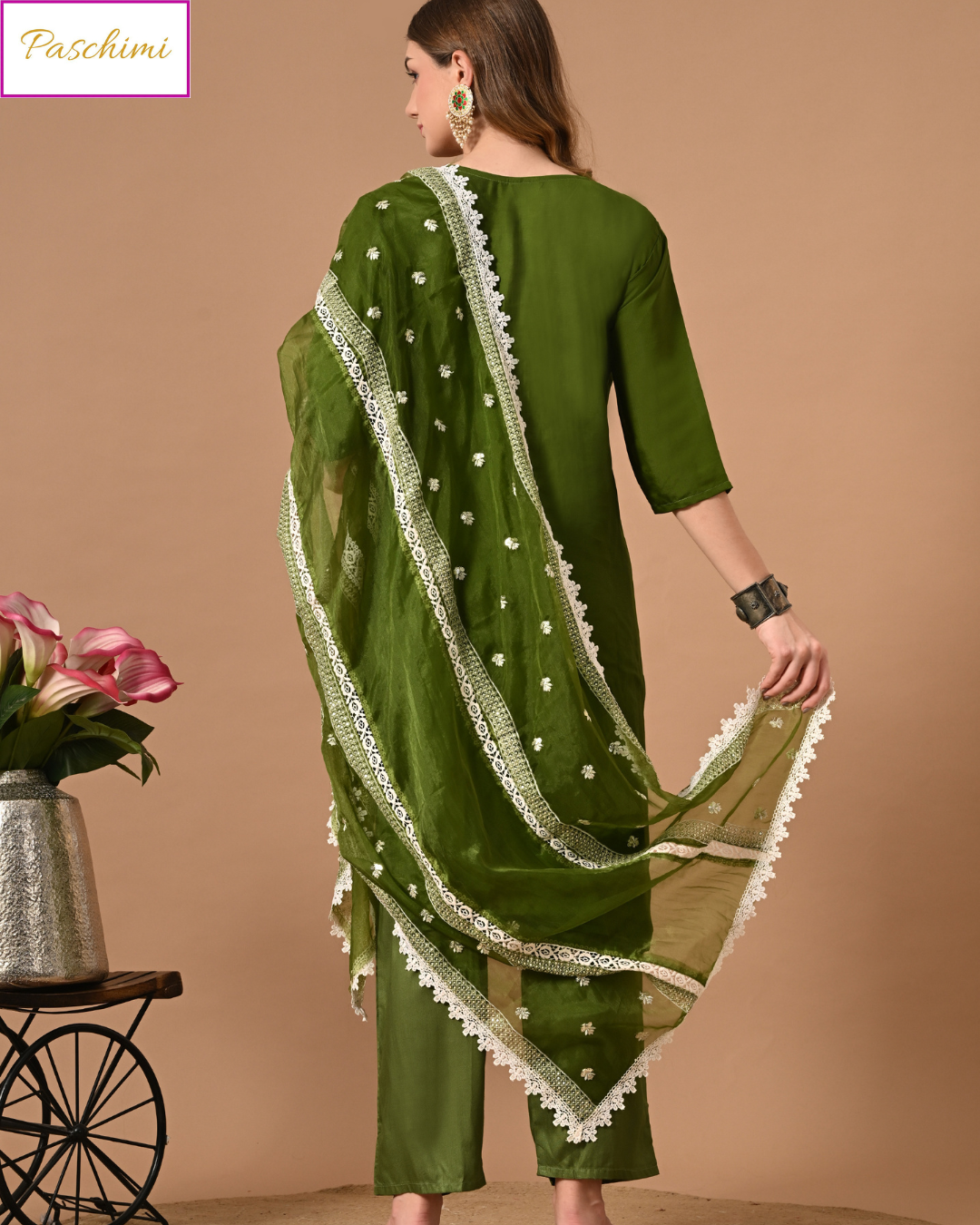 Mehndi Green Paschimi’s Pure Muslin Kurta Suit Set