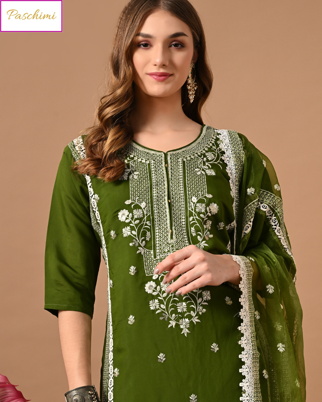 Mehndi Green Paschimi’s Pure Muslin Kurta Suit Set