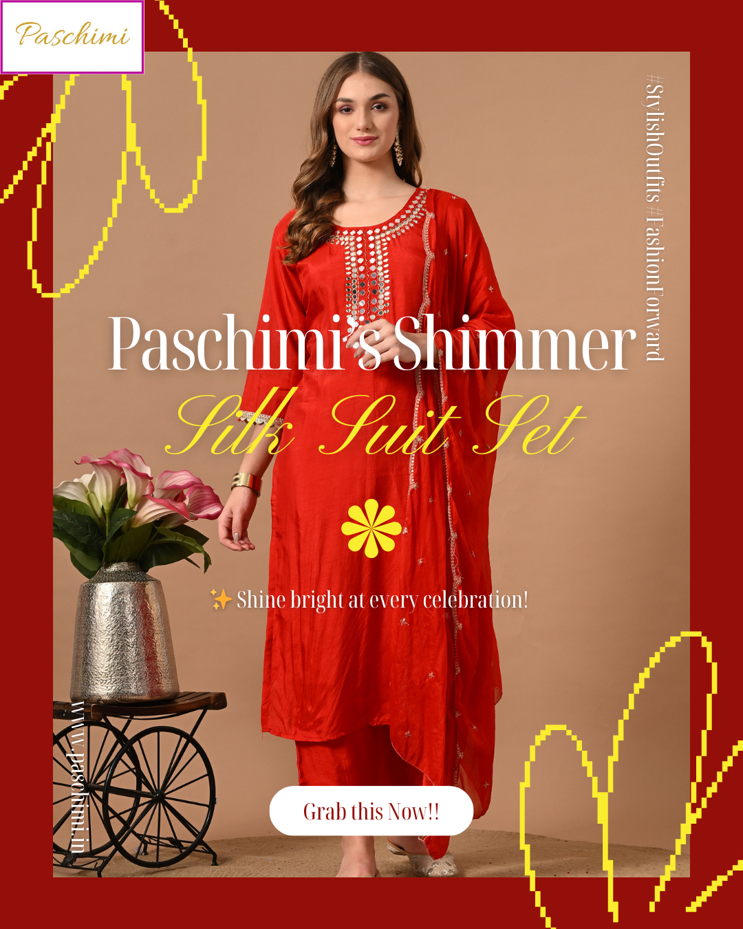 Red & Magenta Shimmer Silk Kurta Suit Set