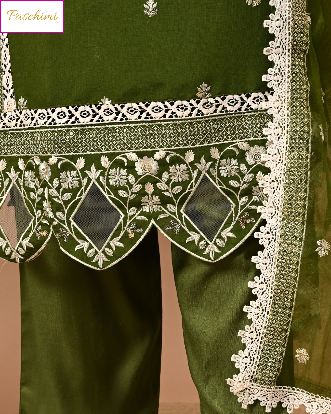 Mehndi Green Paschimi’s Pure Muslin Kurta Suit Set