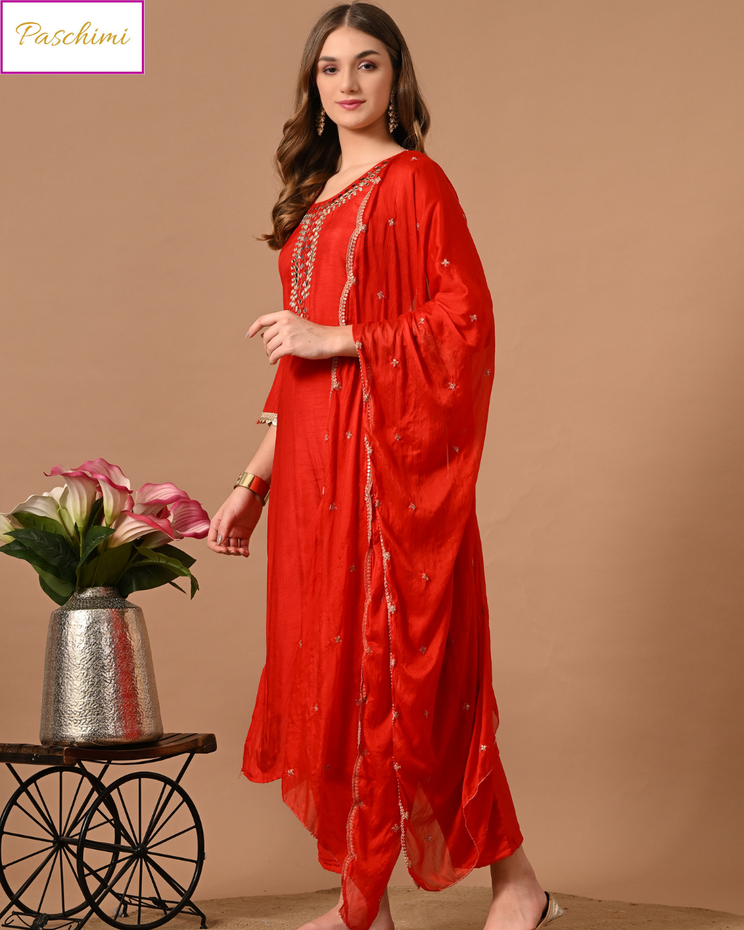 Red & Magenta Shimmer Silk Kurta Suit Set