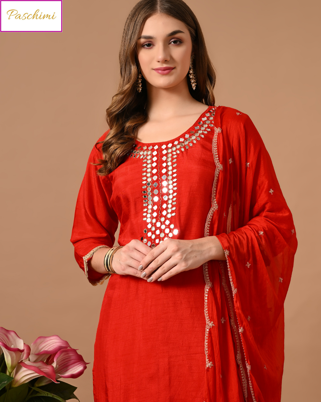 Red & Magenta Shimmer Silk Kurta Suit Set