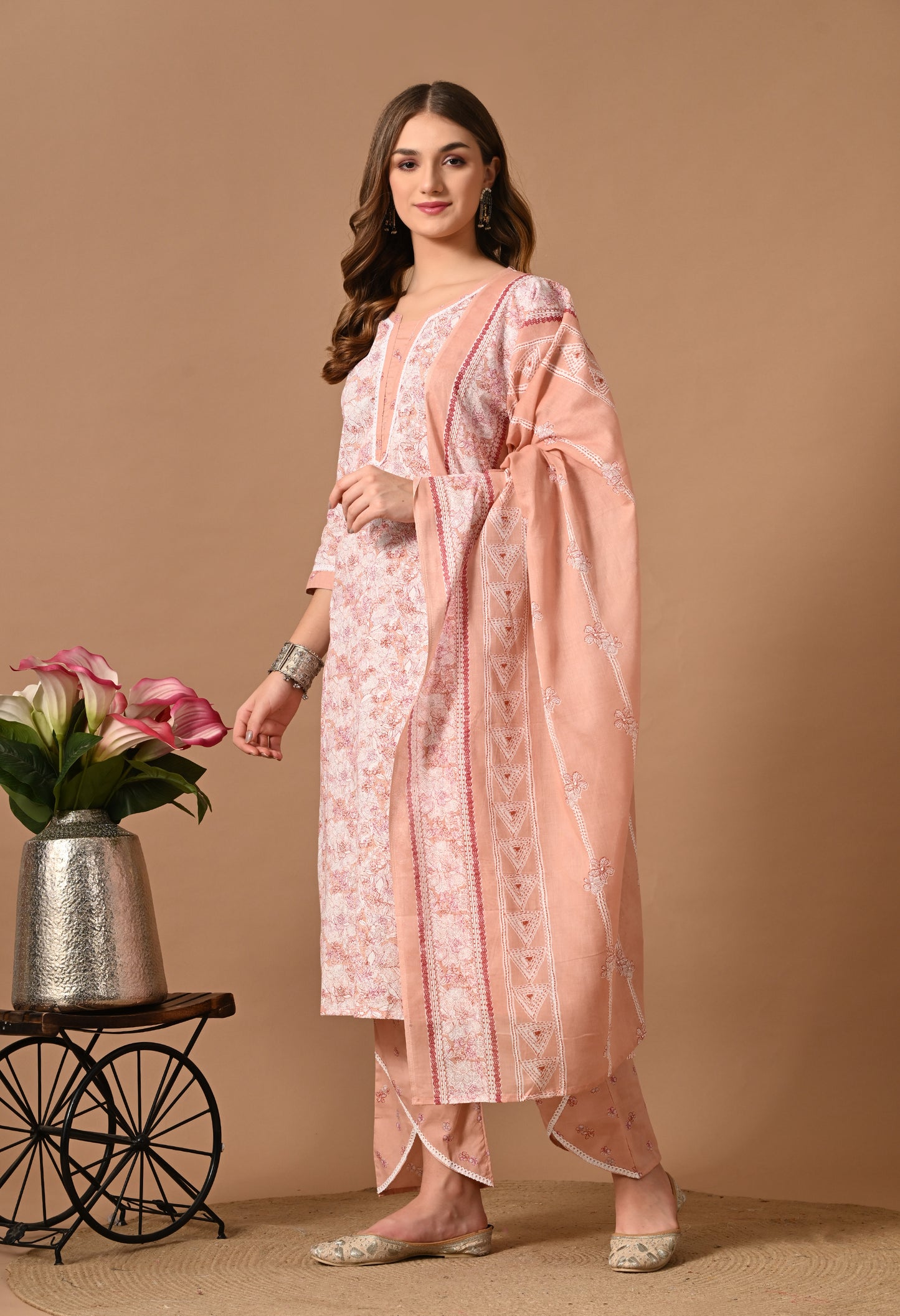 Peach Cotton Kurta Suit Set