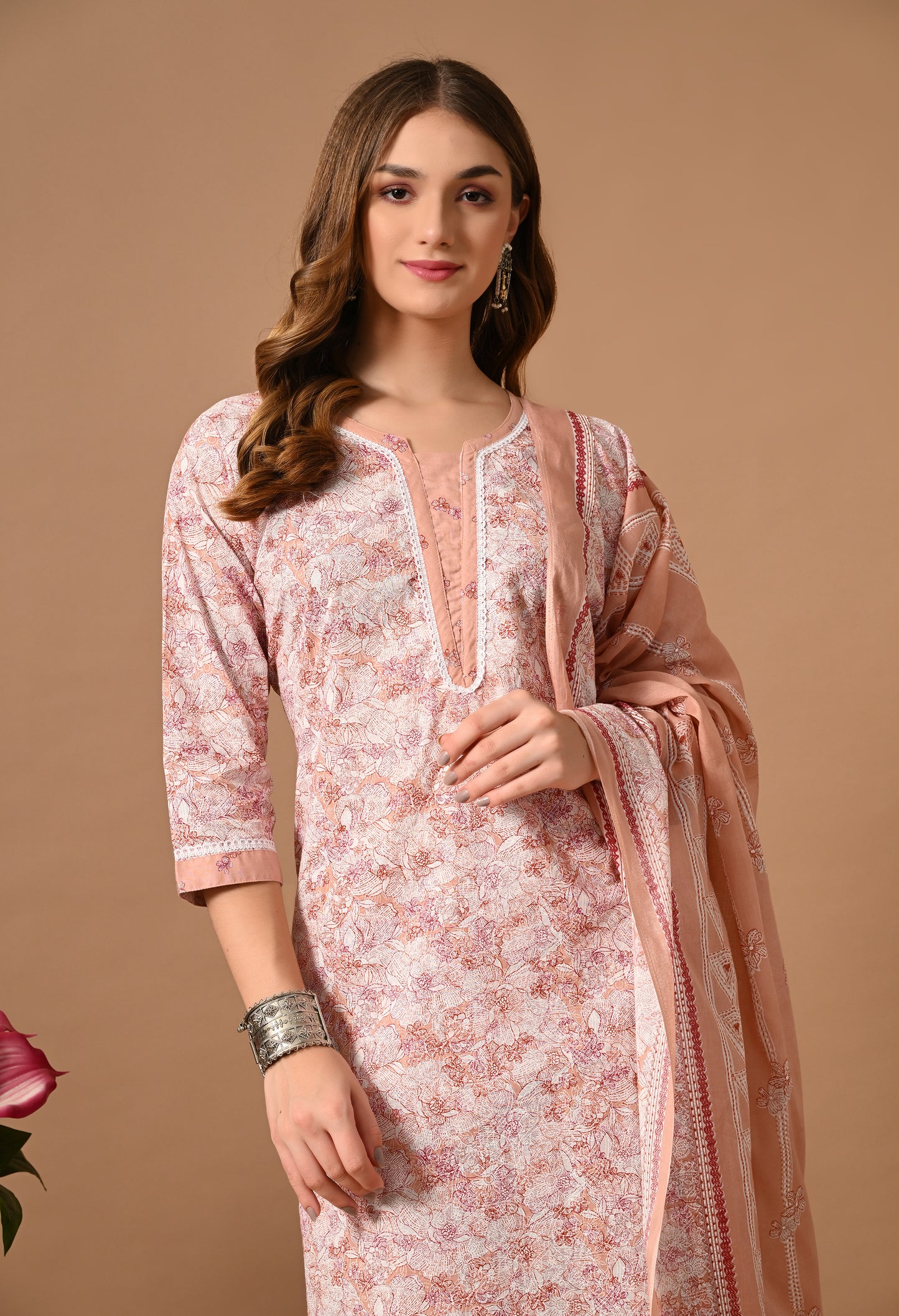 Peach Cotton Kurta Suit Set