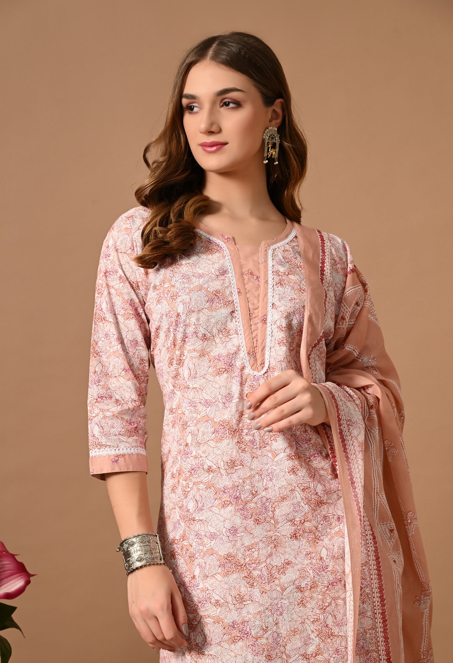 Peach Cotton Kurta Suit Set