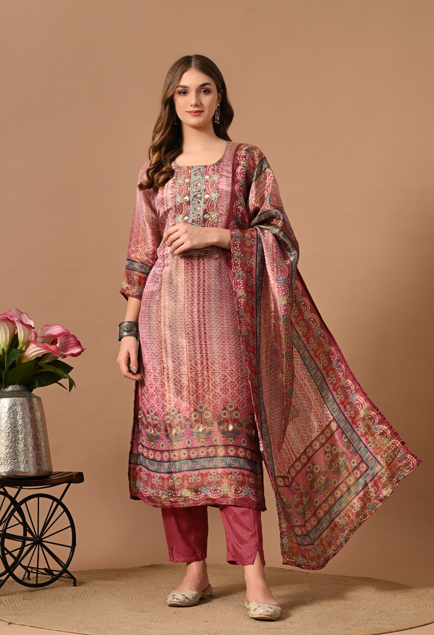 Onion Shade Shimmer Silk Kurta Suit Set