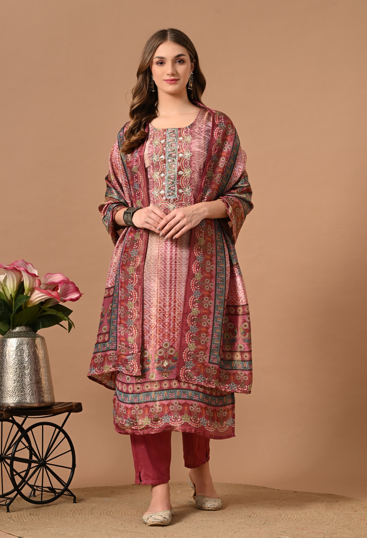 Onion Shade Shimmer Silk Kurta Suit Set