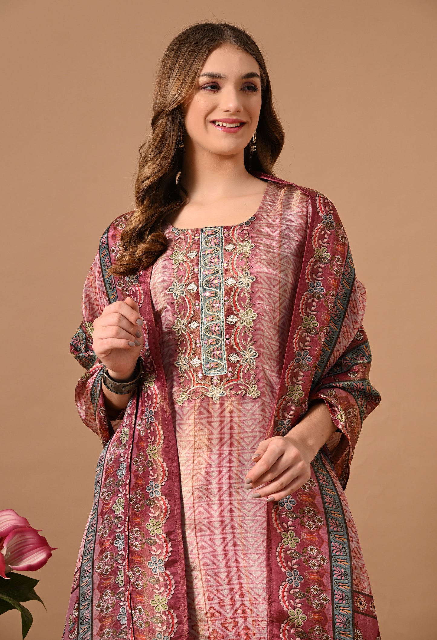 Onion Shade Shimmer Silk Kurta Suit Set