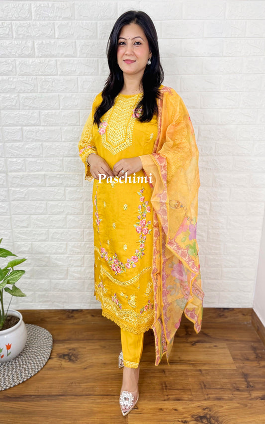 Yellow Silk Straight Suit Set