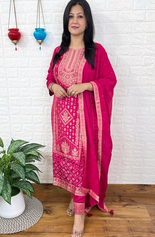Rani Pink Banarasi Kurta Suit Set with Gold Embroidery