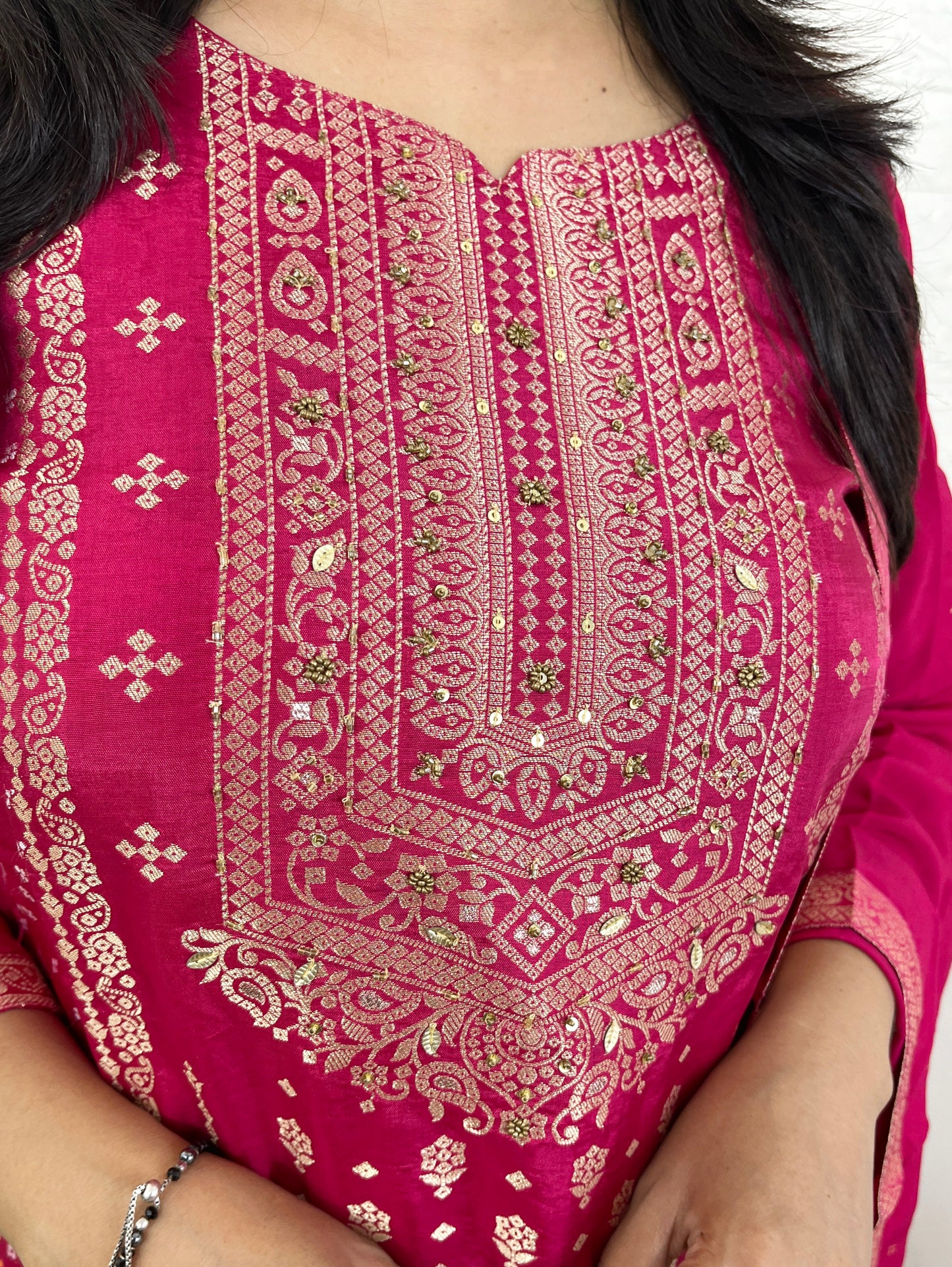 Rani Pink Banarasi Kurta Suit Set with Gold Embroidery