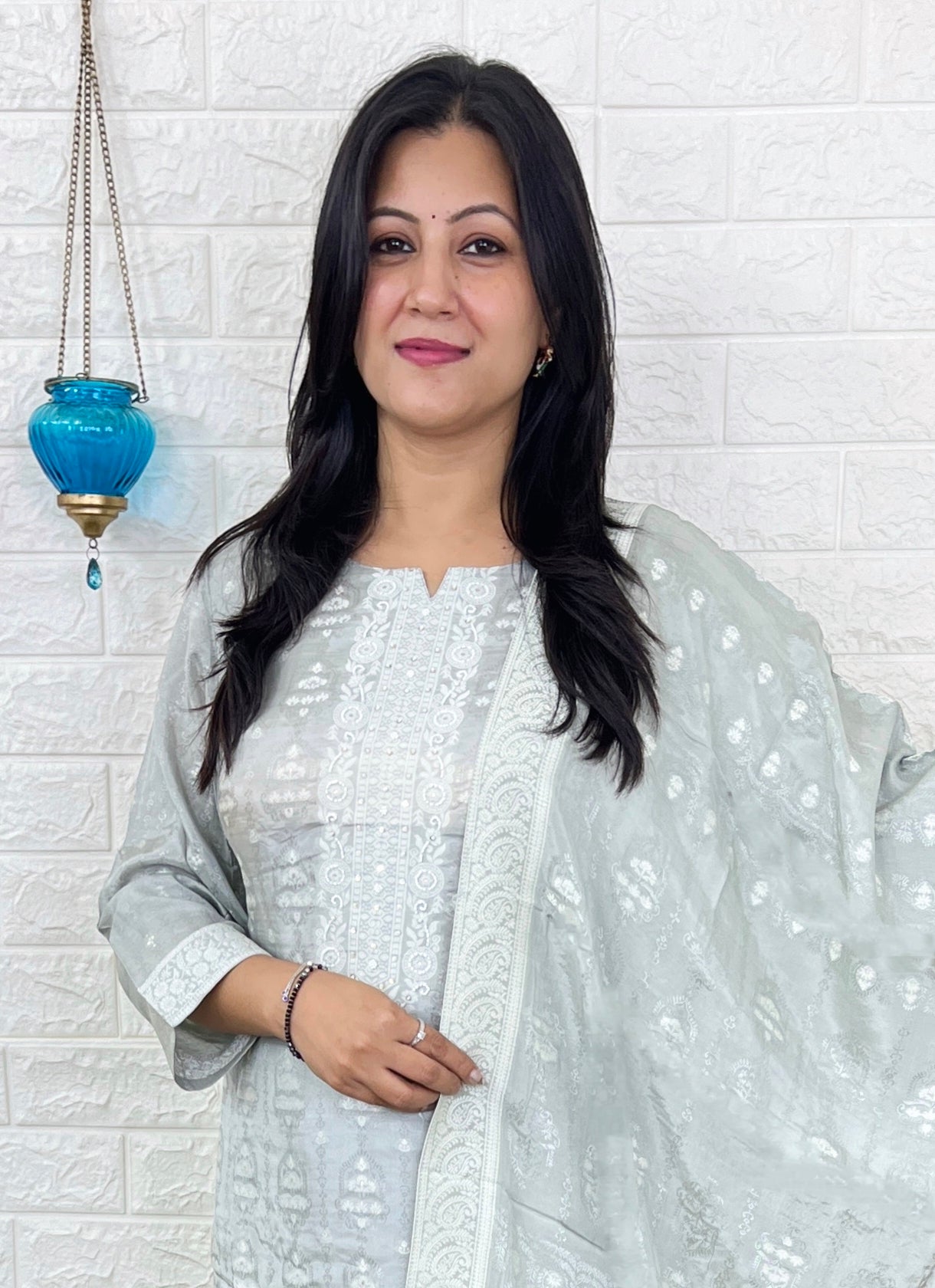 Silver Banarasi Kurta Suit Set