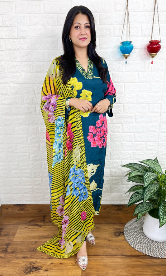 Peacock Blue Multi Print Suit Set