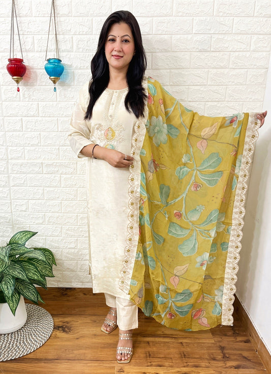 Cream Shimmer Silk Suit Set