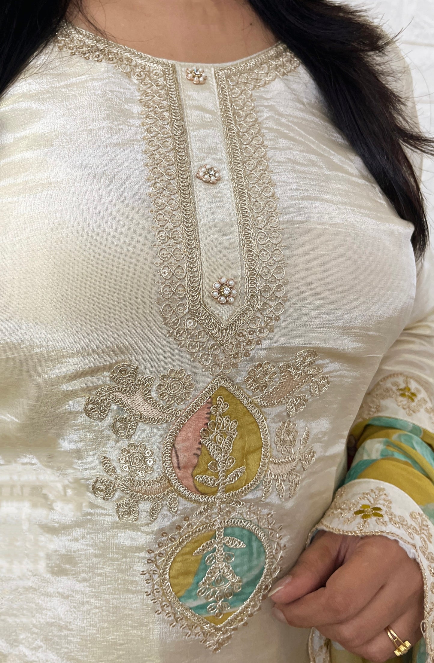 Cream Shimmer Silk Suit Set