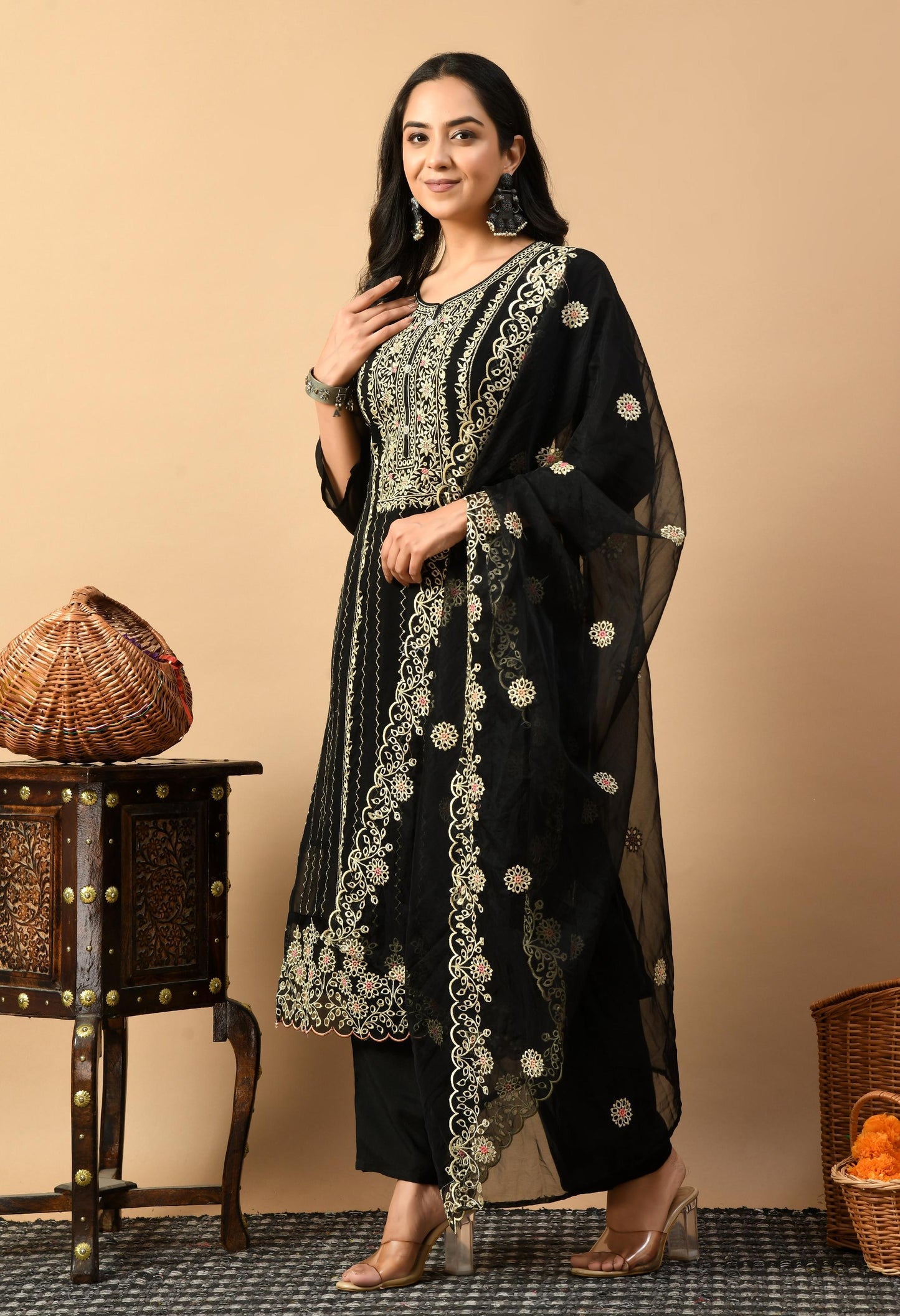 Black Kurta Pant Dupatta Suit Set