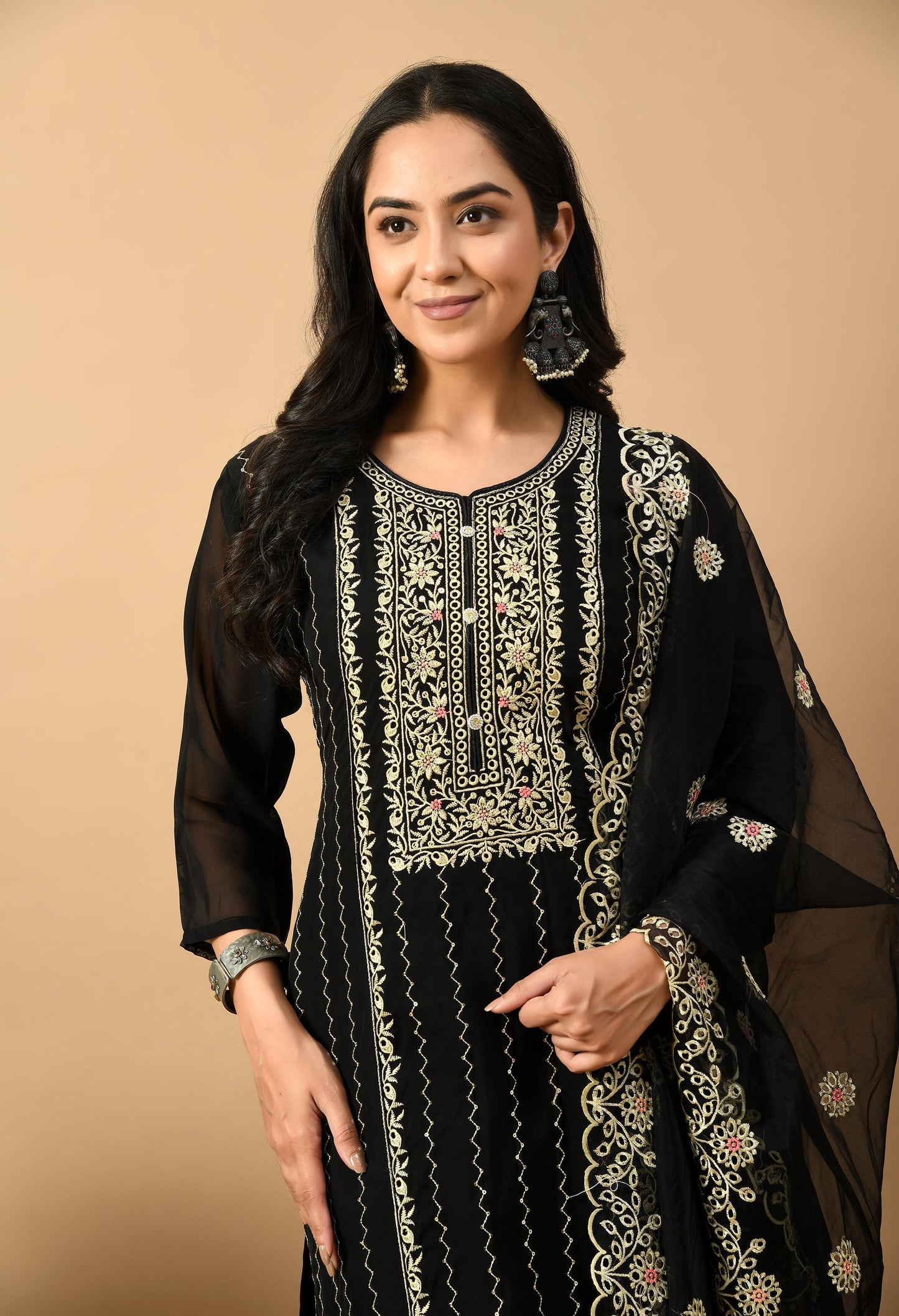 Black Kurta Pant Dupatta Suit Set
