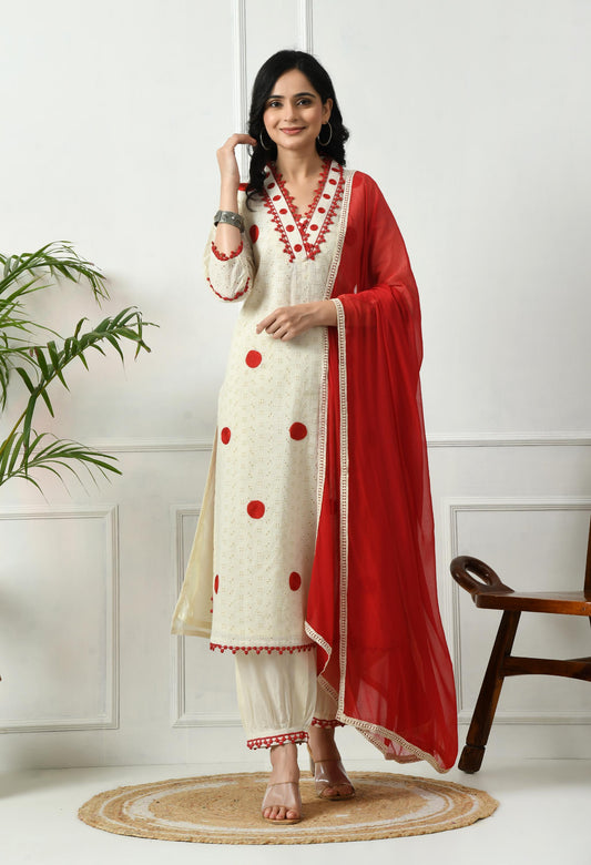 Off White Schiffli Fabric Kurta Set with Red Lace & Chiffon Dupatta