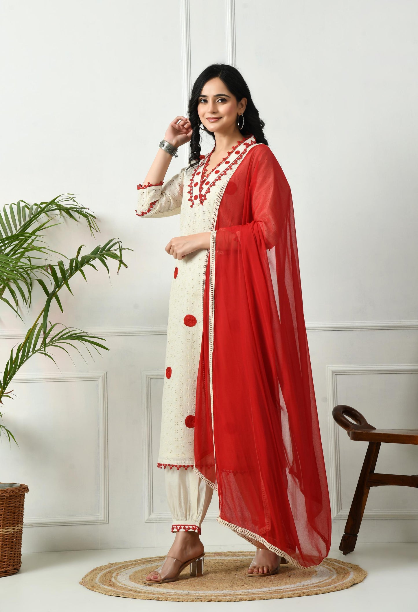 Off White Schiffli Fabric Kurta Set with Red Lace & Chiffon Dupatta