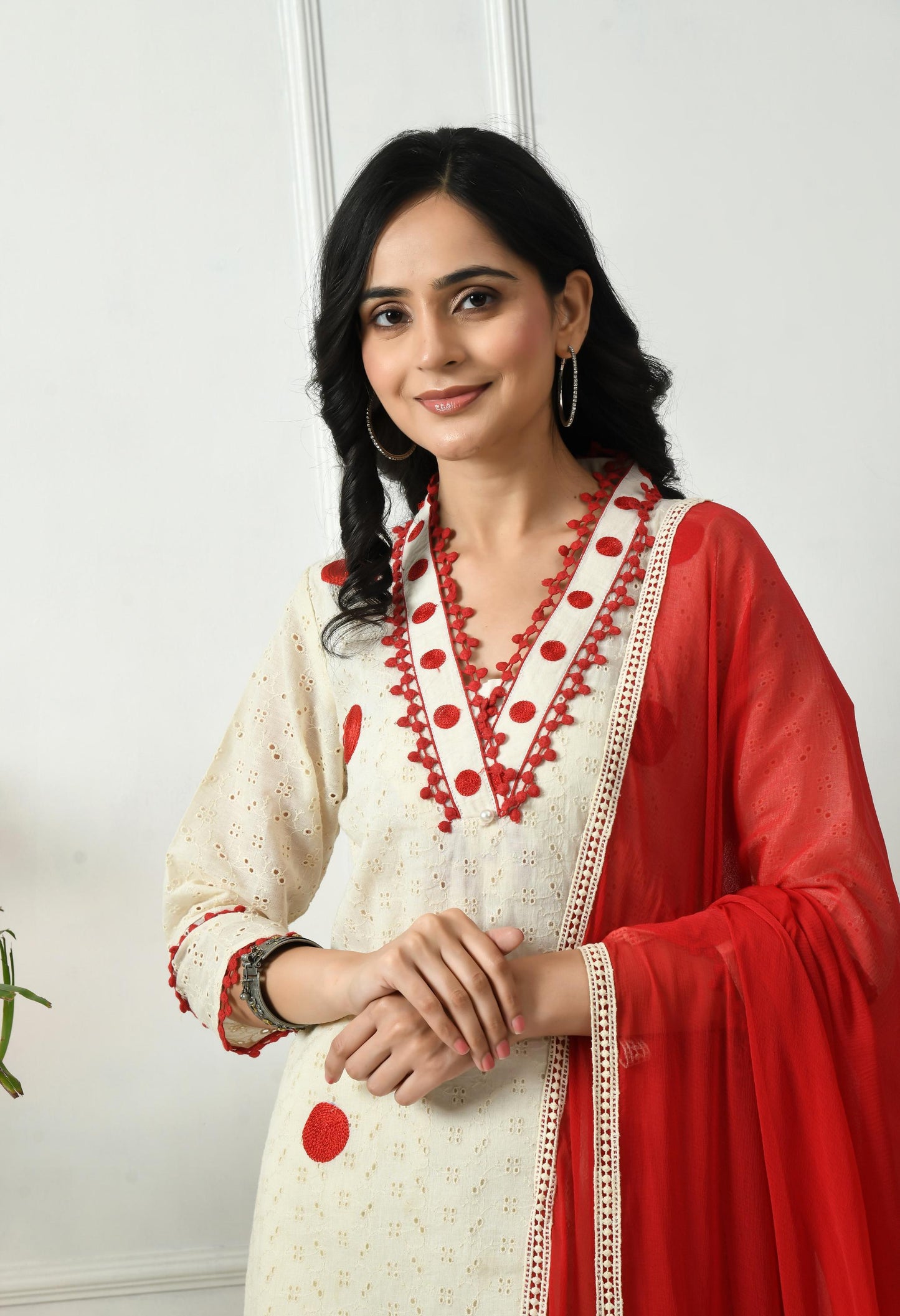 Off White Schiffli Fabric Kurta Set with Red Lace & Chiffon Dupatta