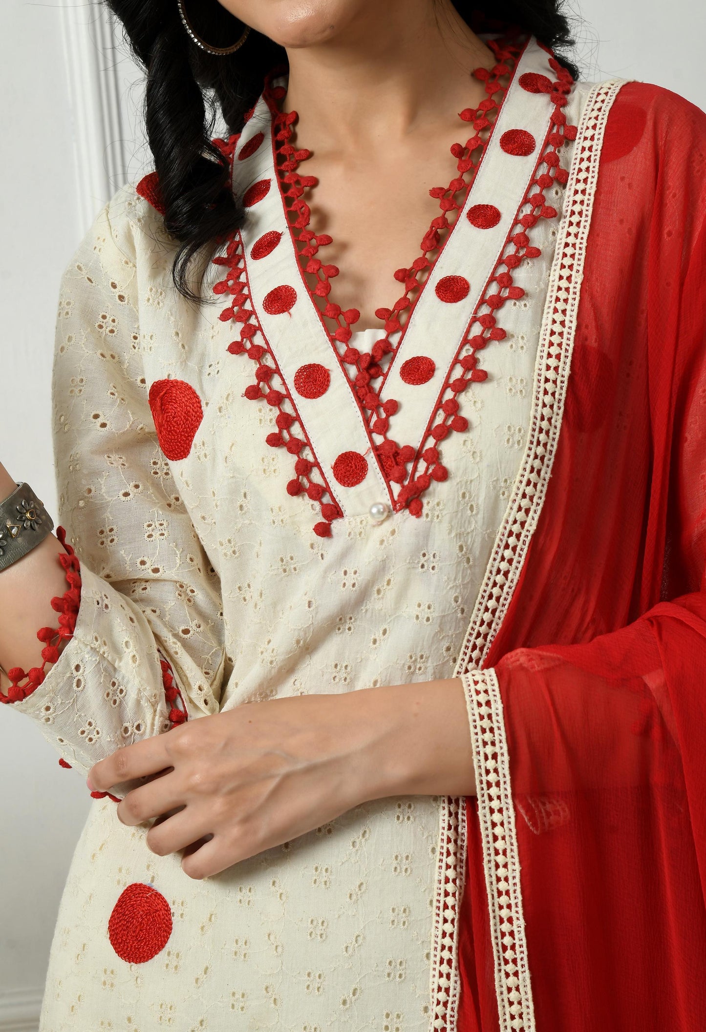 Off White Schiffli Fabric Kurta Set with Red Lace & Chiffon Dupatta