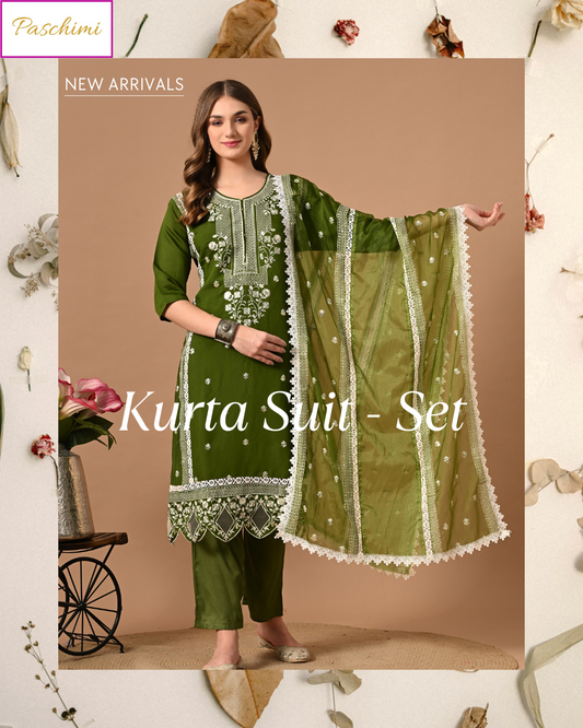 Mehndi Green Paschimi’s Pure Muslin Kurta Suit Set