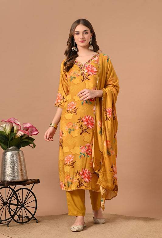 Yellow Pure Muslin Kurta Suit Set