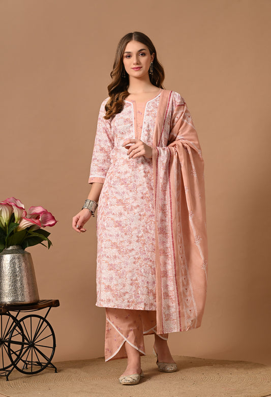 Peach Cotton Kurta Suit Set