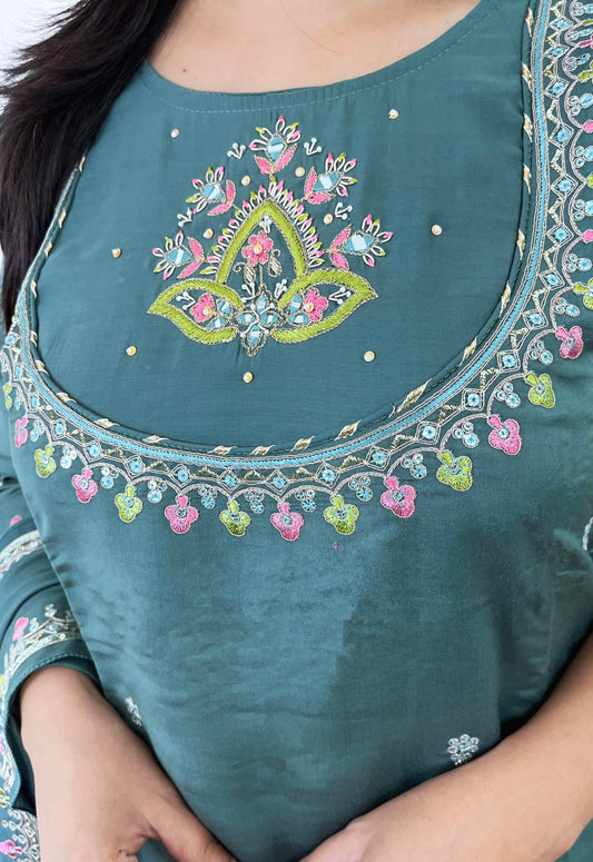 Green Muslin Kurta Suit Set