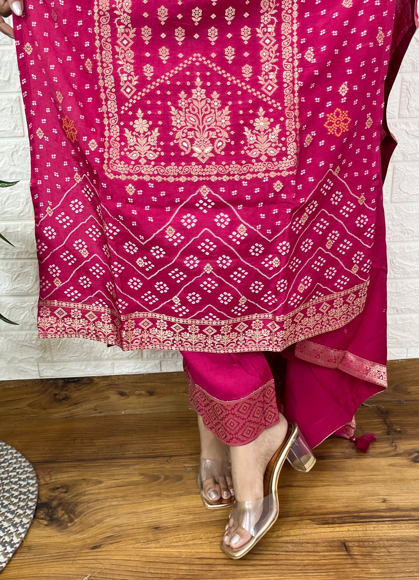 Rani Pink Banarasi Kurta Suit Set with Gold Embroidery