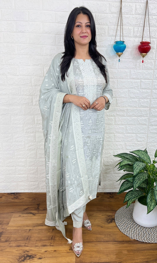 Silver Banarasi Kurta Suit Set