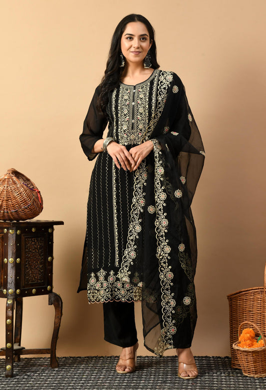 Black Kurta Pant Dupatta Suit Set