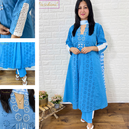 Blue Cotton Plain Suit-Set